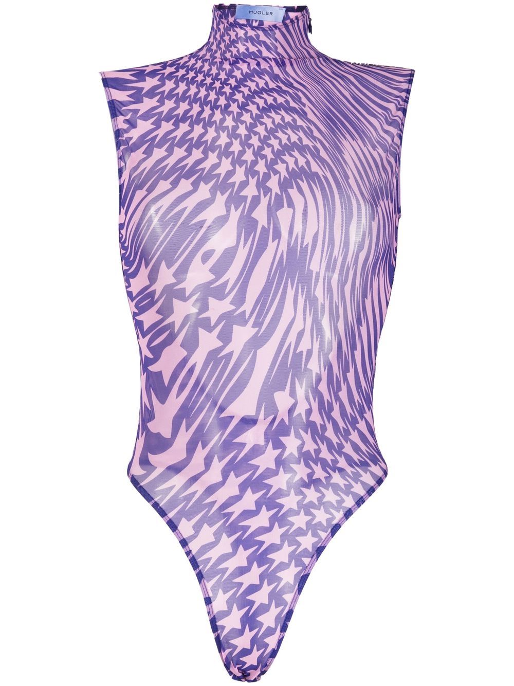Mugler 星星印花网纱连体紧身衣 - 紫色