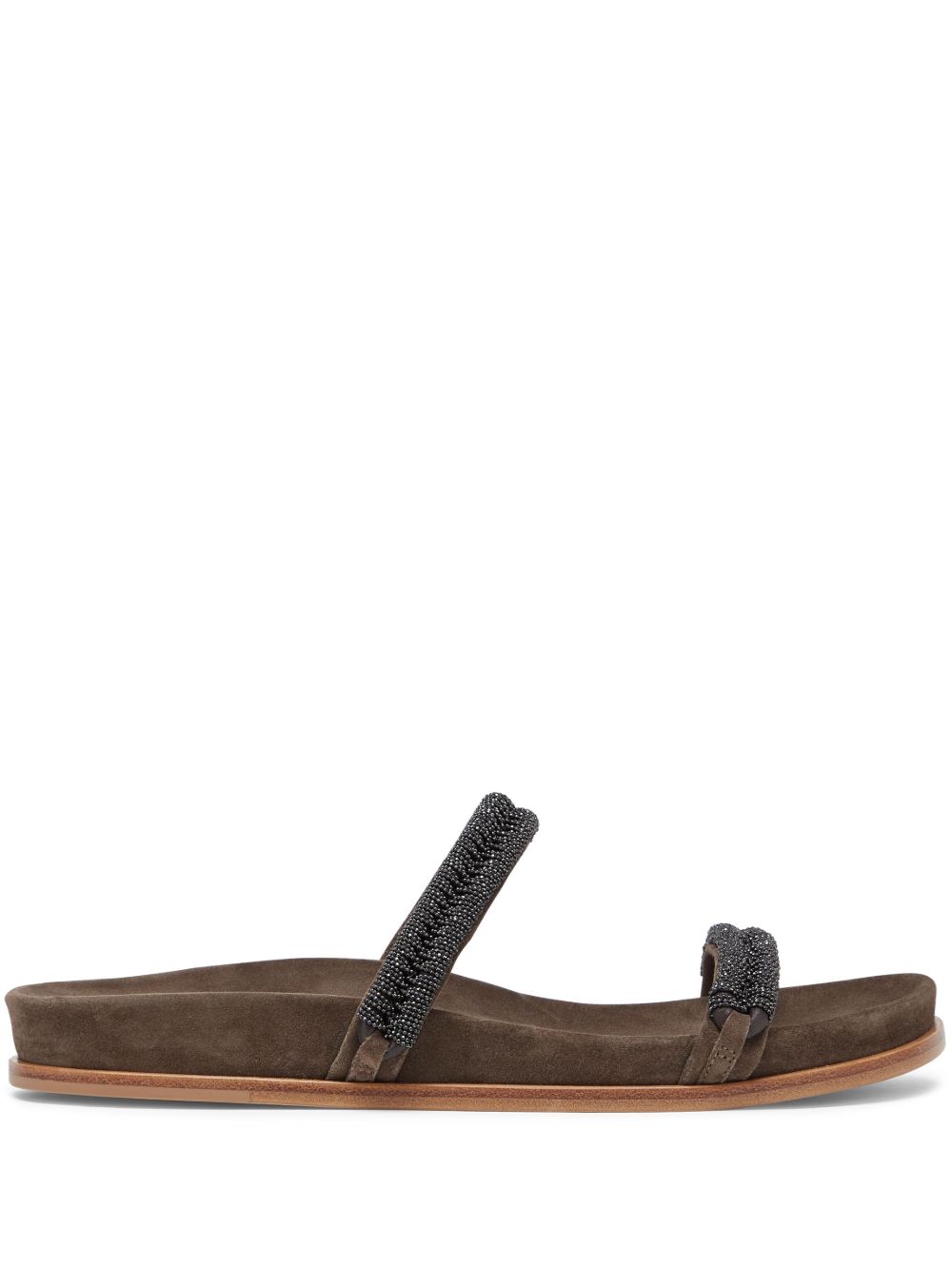 Brunello Cucinelli 珠饰绒面皮凉鞋 - 褐色