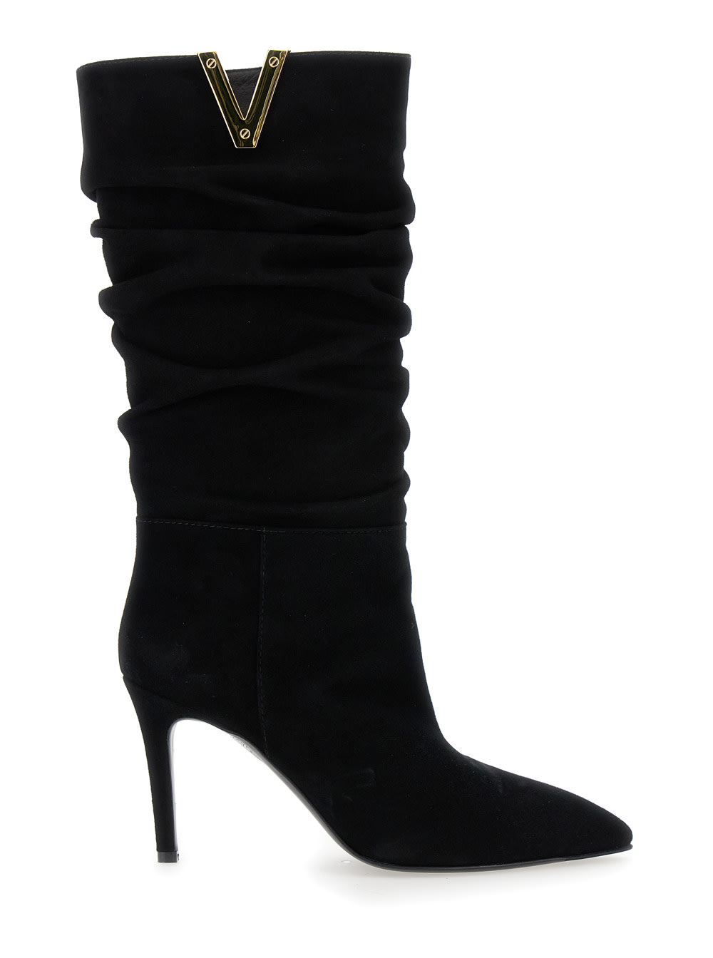 Via Roma 15 Black Heeled And V-detail Boots In Suede Woman