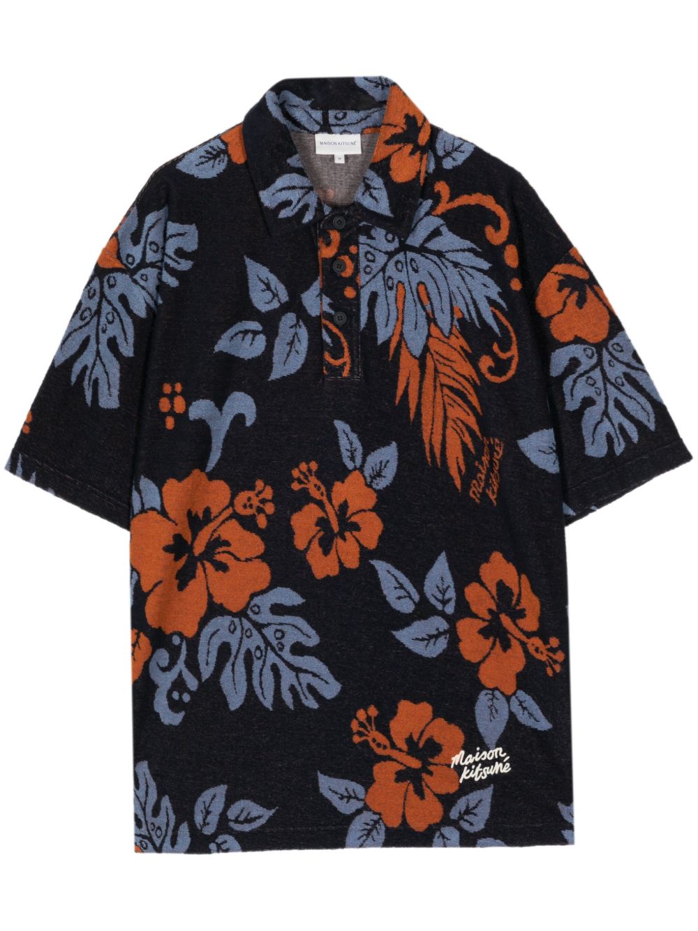 Maison Kitsuné 花卉印花毛巾布效果polo衫 - 蓝色