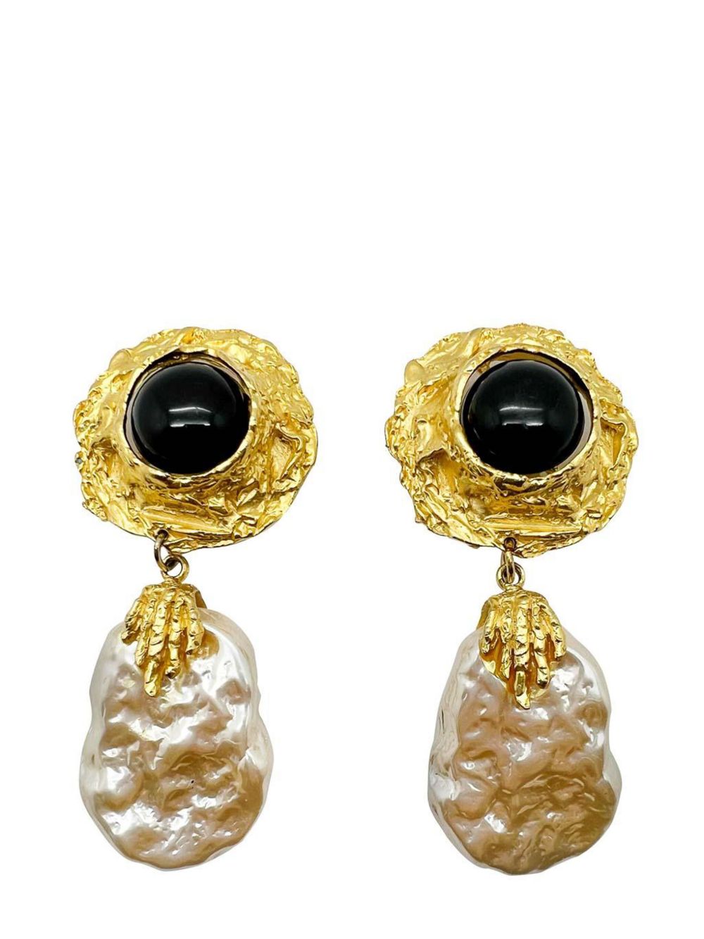 Jennifer Gibson Jewellery Vintage Craft Black Cabochon &amp; Pearl Statement Earrings 1980s - 金色
