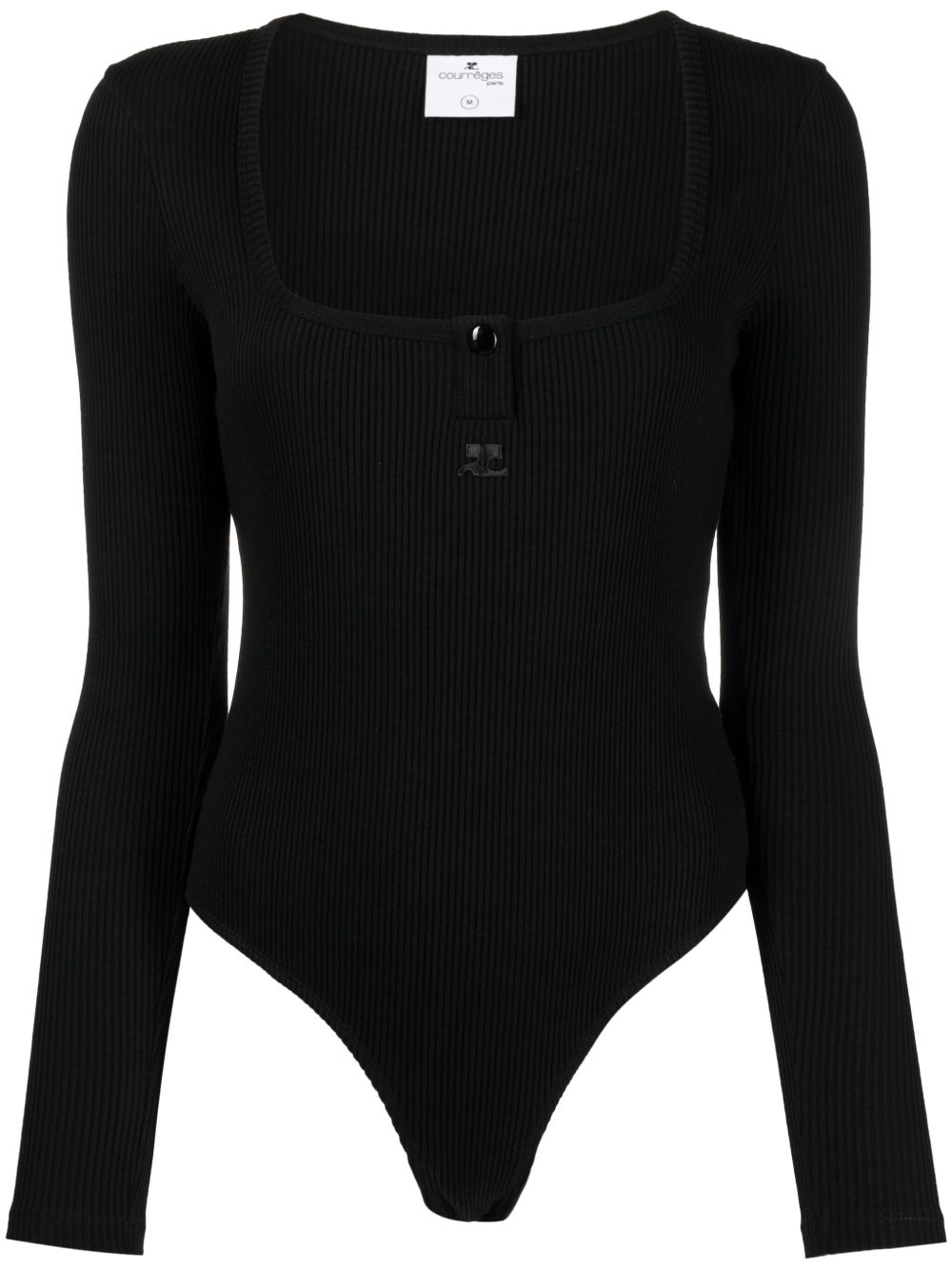 Courrèges logo刺绣长袖亨利领连体紧身衣 - 黑色