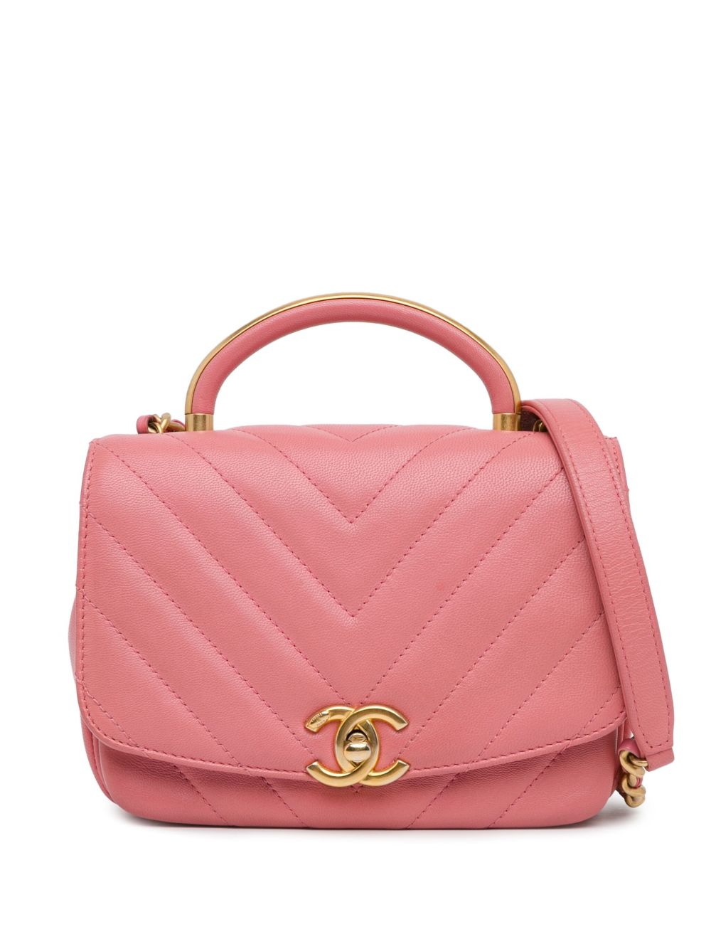 CHANEL Pre-Owned Small Chevron Lambskin Reversed Round Flap 斜挎包（2019年典藏款） - 粉色