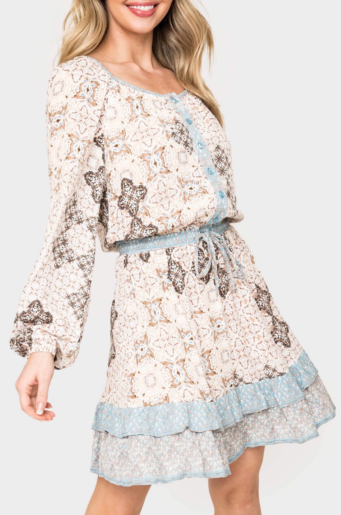 Boho Mixed Print Drawstring Ruffle Dress - Taupe Seafoam Combo XXL