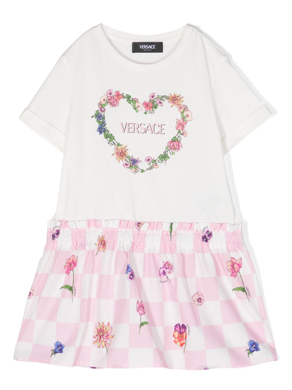 Versace Kids 棋盘印花伞形连衣裙 - 白色