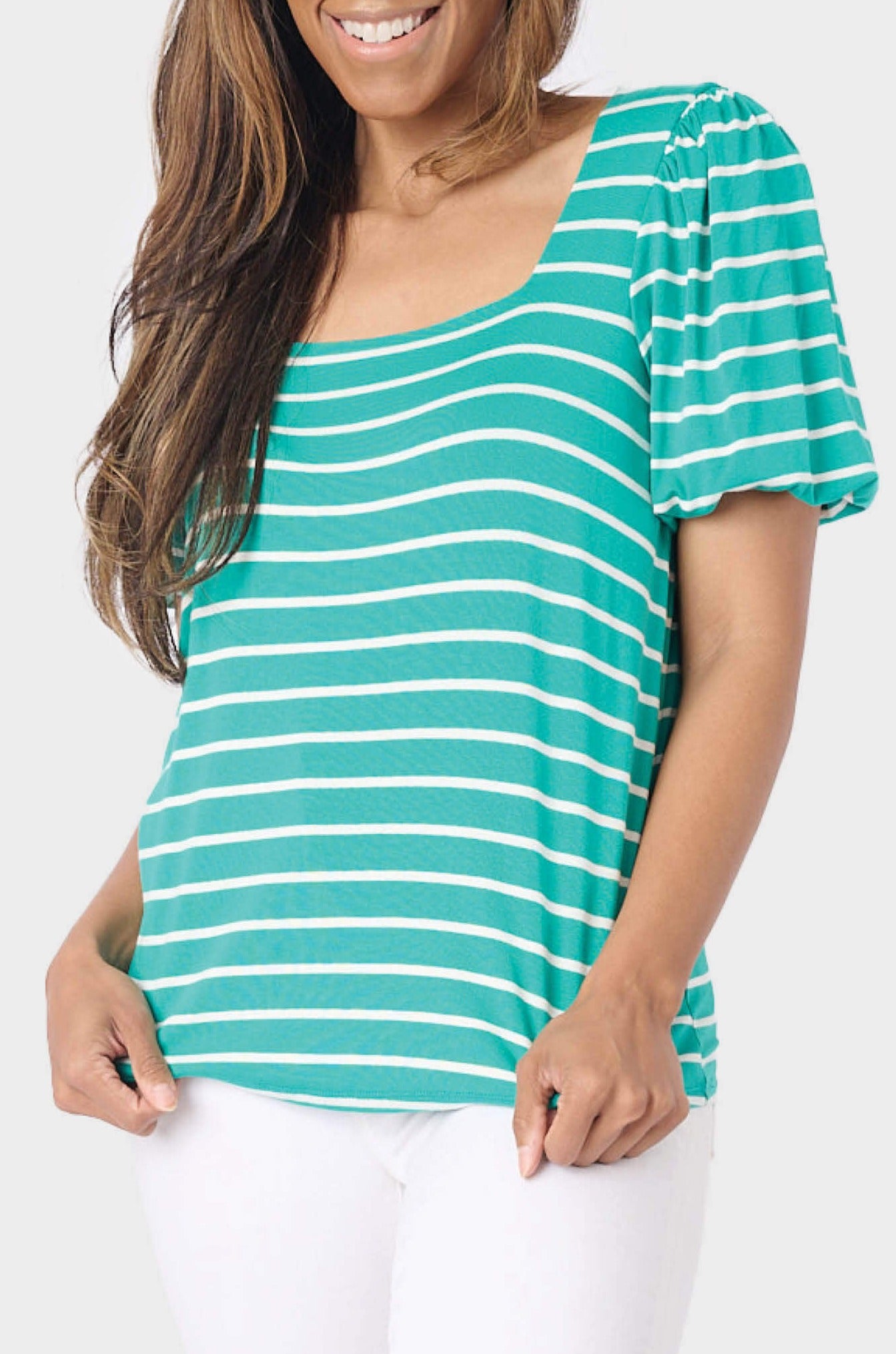 Square Neck Puff Sleeve Striped Top - Jade Ivory Stripe L