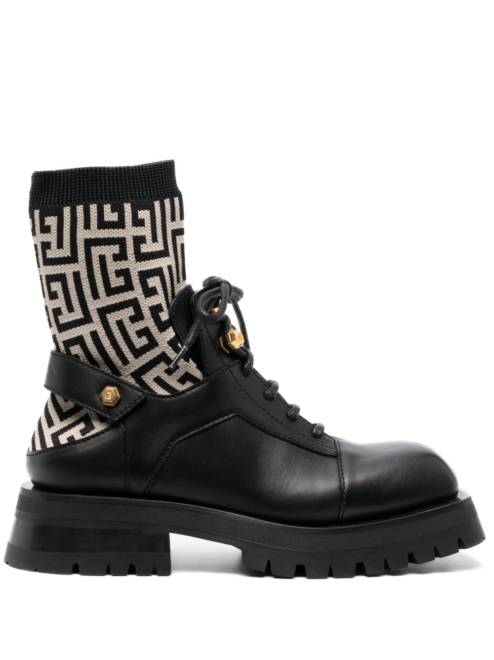 Balmain PB logo印花针织袜式皮质短靴 - 黑色