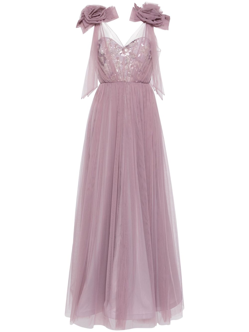 Badgley Mischka 花卉贴花薄纱礼服 - 紫色