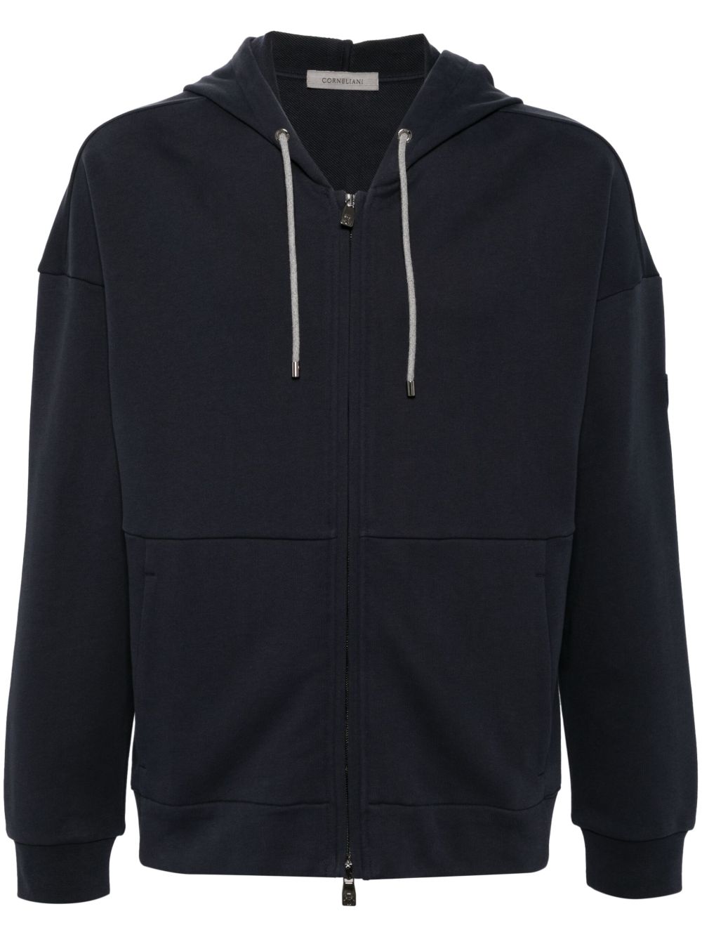 Corneliani ^ core black ^ cotton ^ soft jersey ^ drawstring hood ^ long raglan sleeves ^ ribbed cuffs ^ two front pouch pockets ^ appliqué logo ^ r...