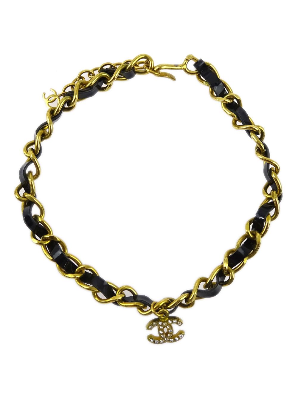 CHANEL Pre-Owned CC 吊饰皮质搭链项链（1995年典藏款） - 金色