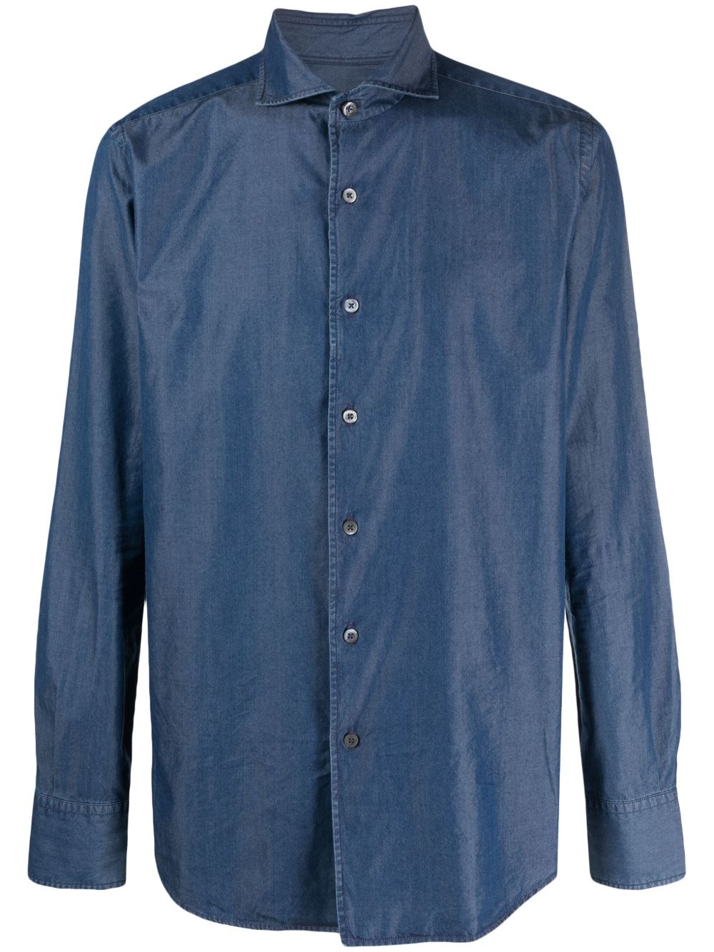 Canali 宽领棉混纺衬衫 - 蓝色