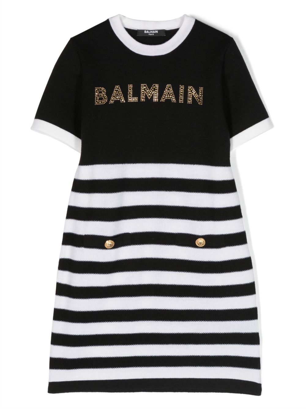 Balmain Kids 晶饰条纹衬衫裙 - 黑色