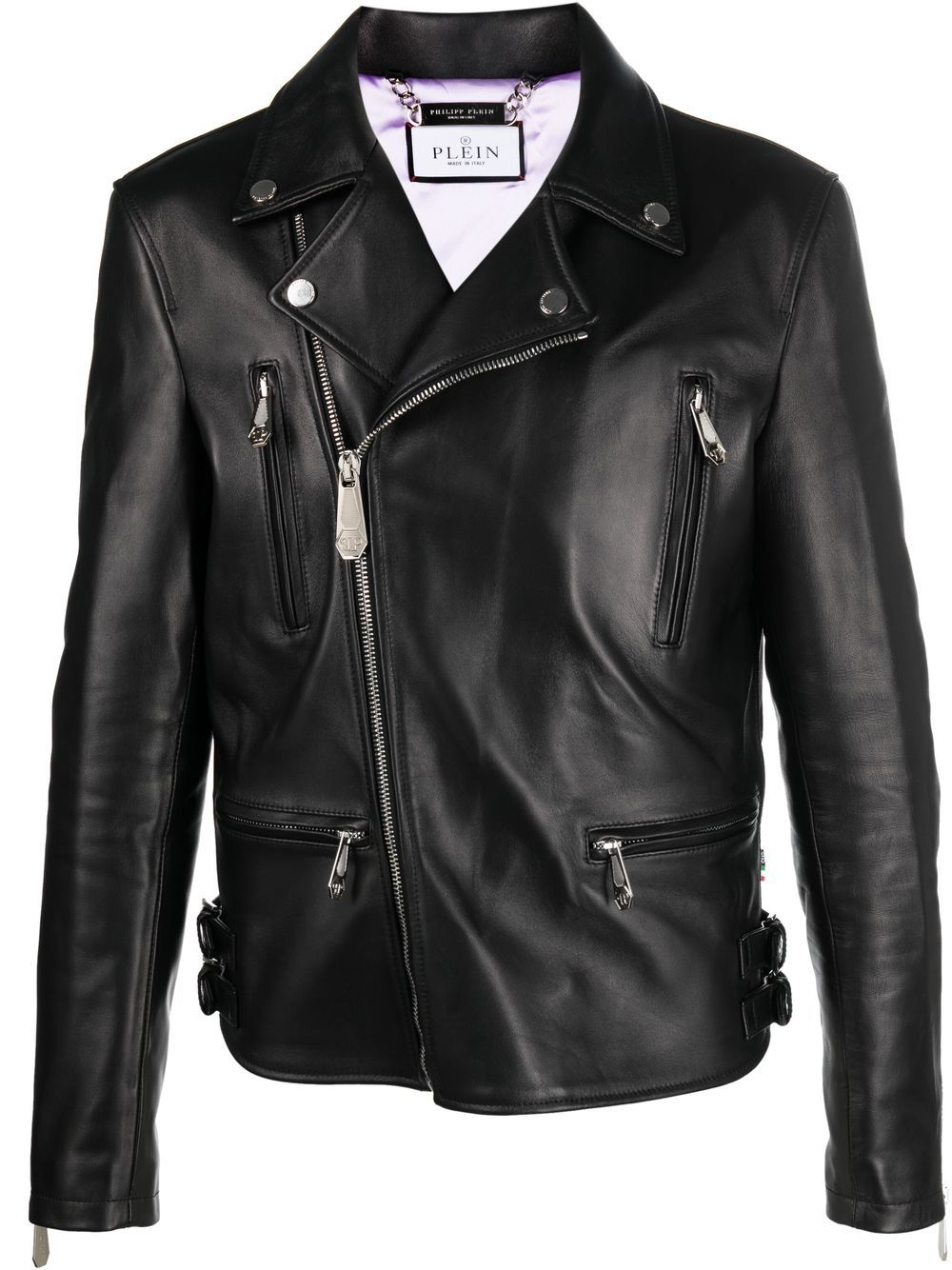 Philipp Plein 后置logo标牌皮质夹克 - 黑色