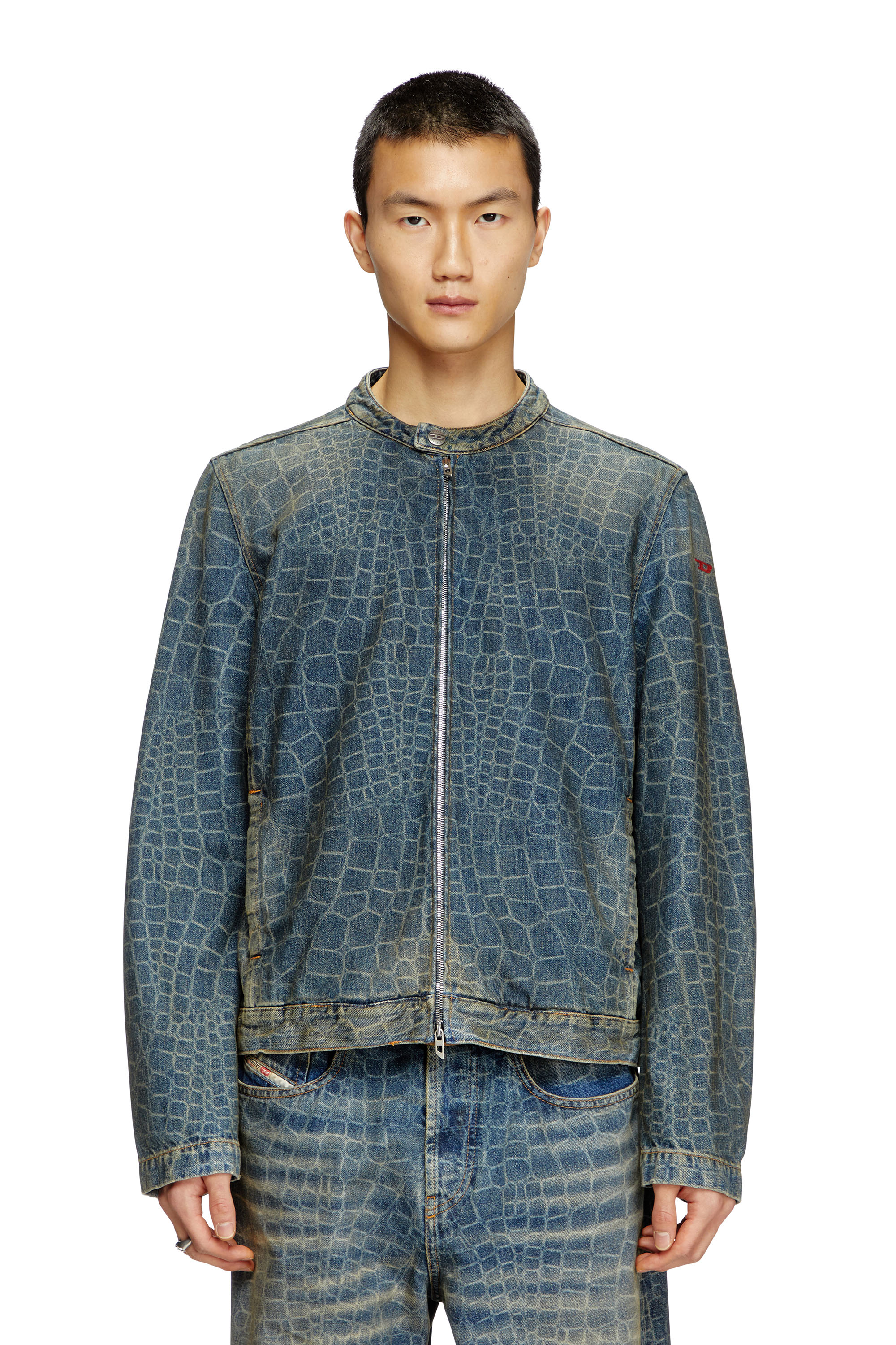 Diesel - Moto jacket in snake-print denim - Denim Jackets - Man - Blue