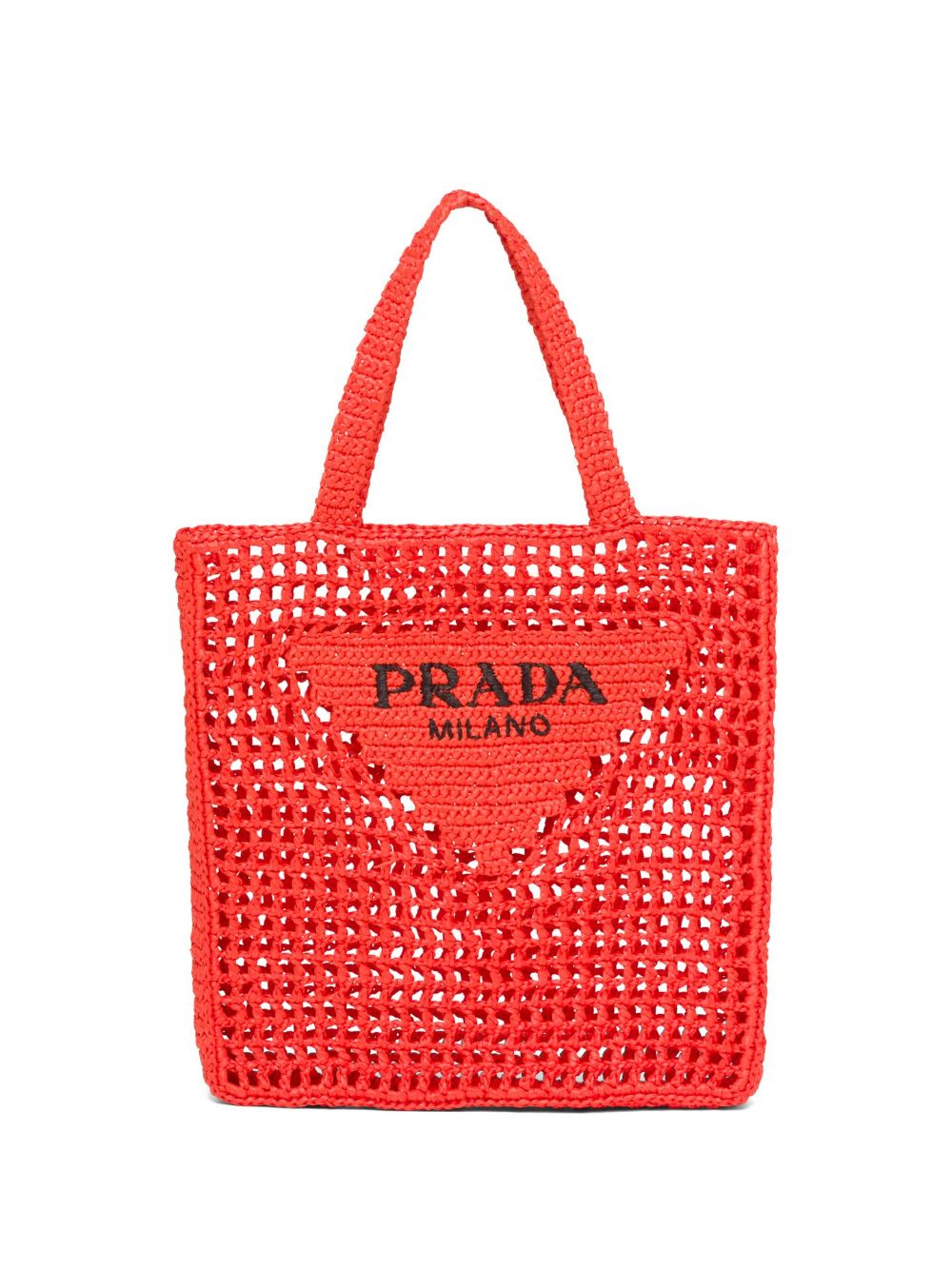 Prada 三角形logo钩编针织拉菲草手提包 - 橘色
