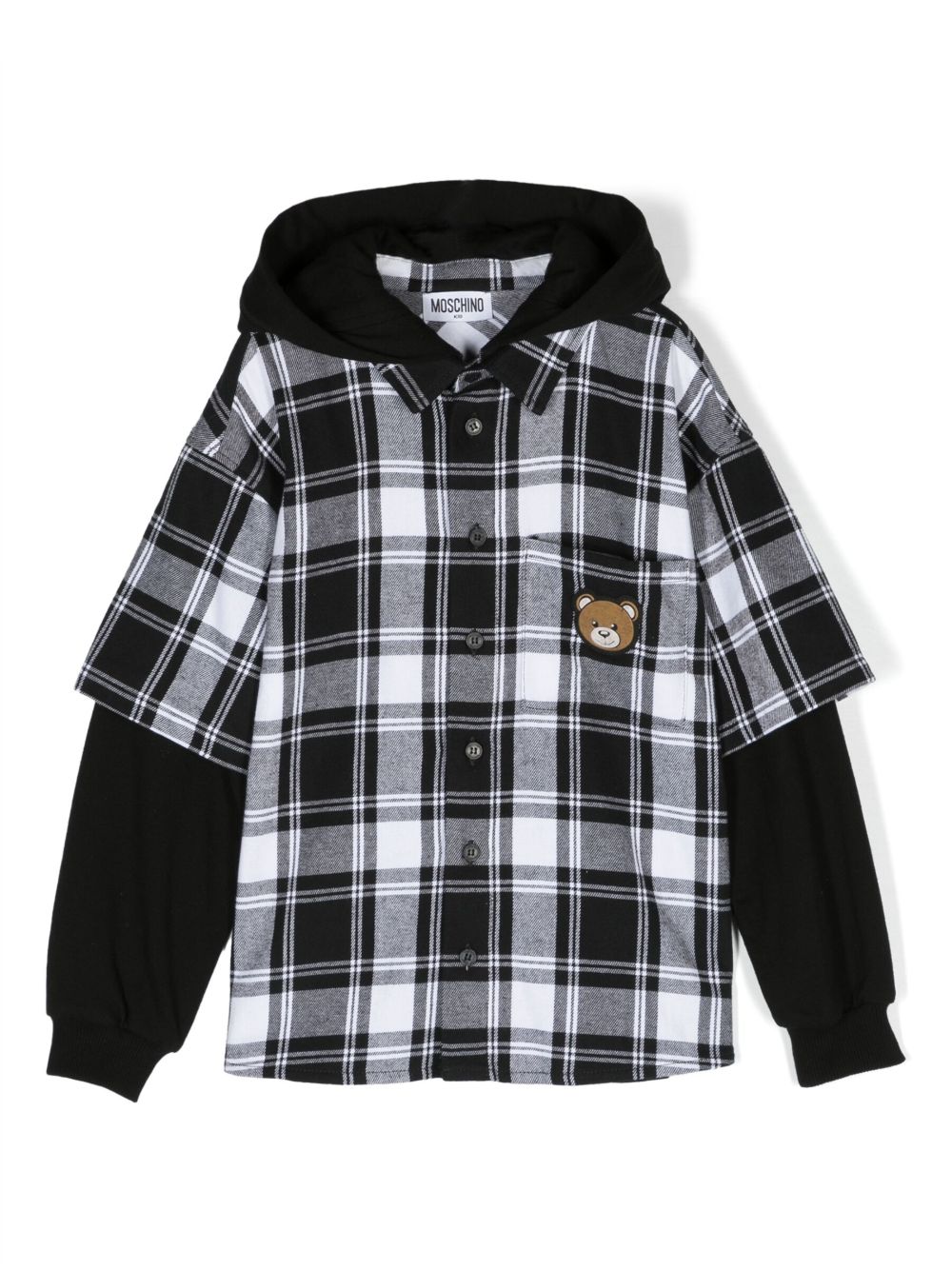 Moschino Kids Teddy Bear 贴花连帽格纹衬衫 - 黑色