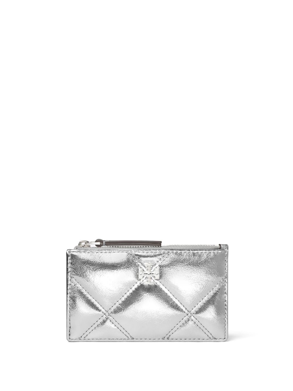 Tory Burch Kira 金属感菱纹绗缝拉链卡夹 - 银色