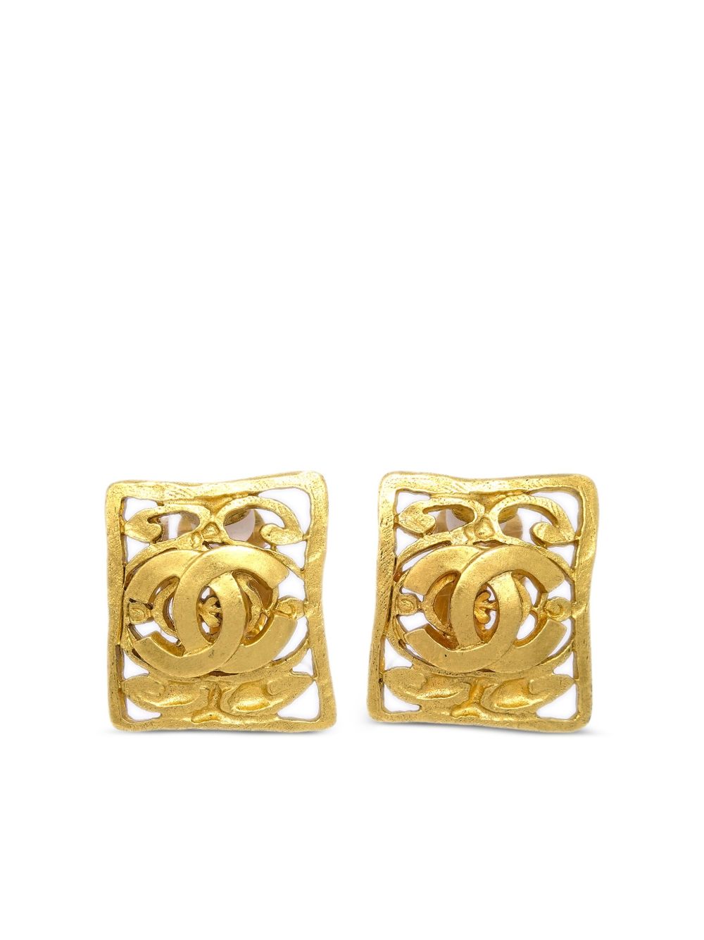 CHANEL Pre-Owned CC logo镂空方形夹扣式耳环（1995年典藏款） - 金色