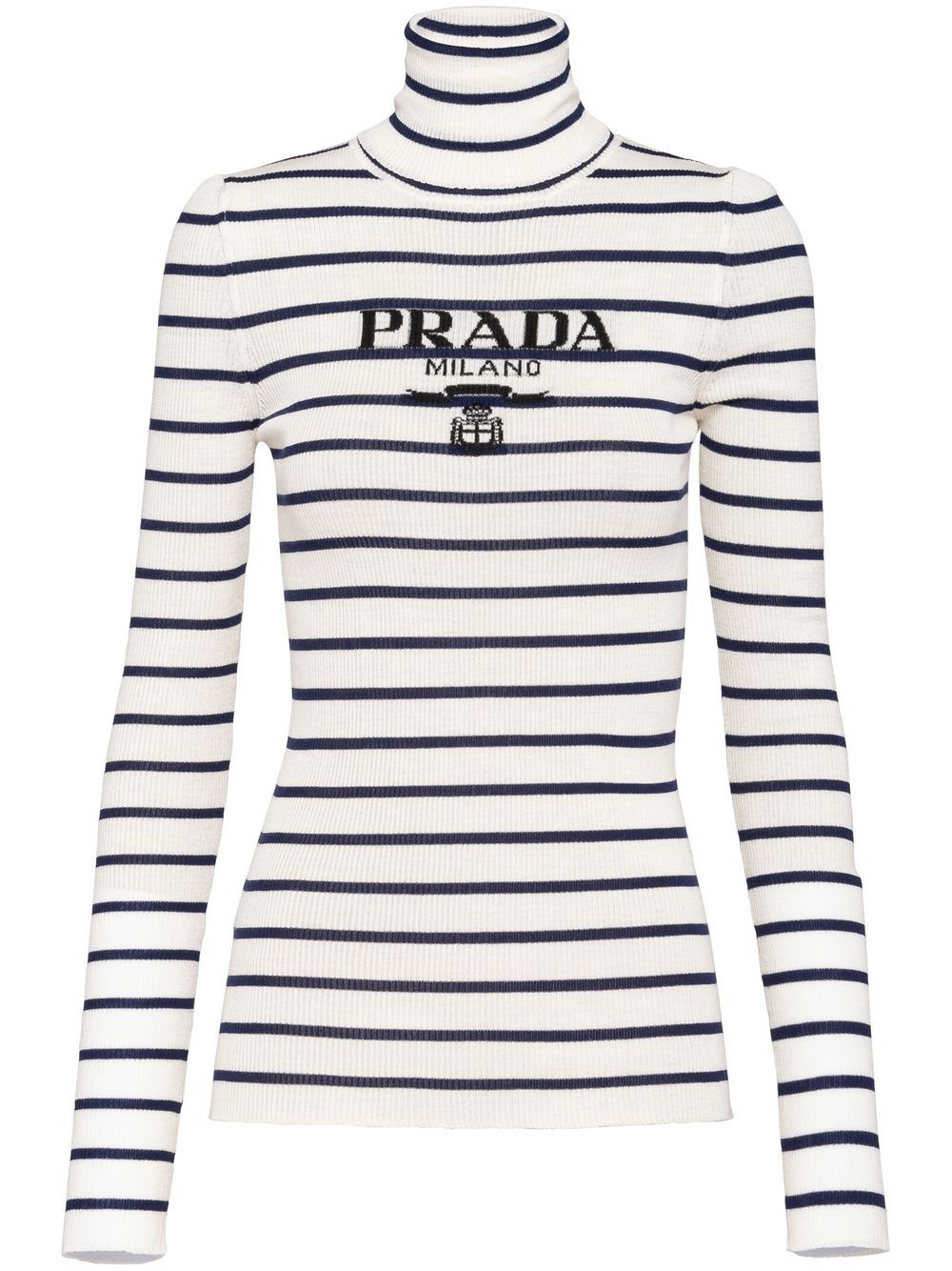 Prada logo嵌花条纹毛衣 - 白色