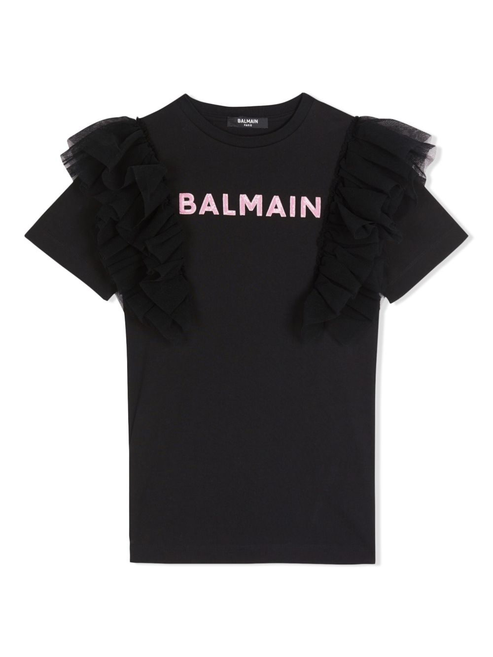 Balmain Kids logo印花荷叶边连衣裙 - 黑色