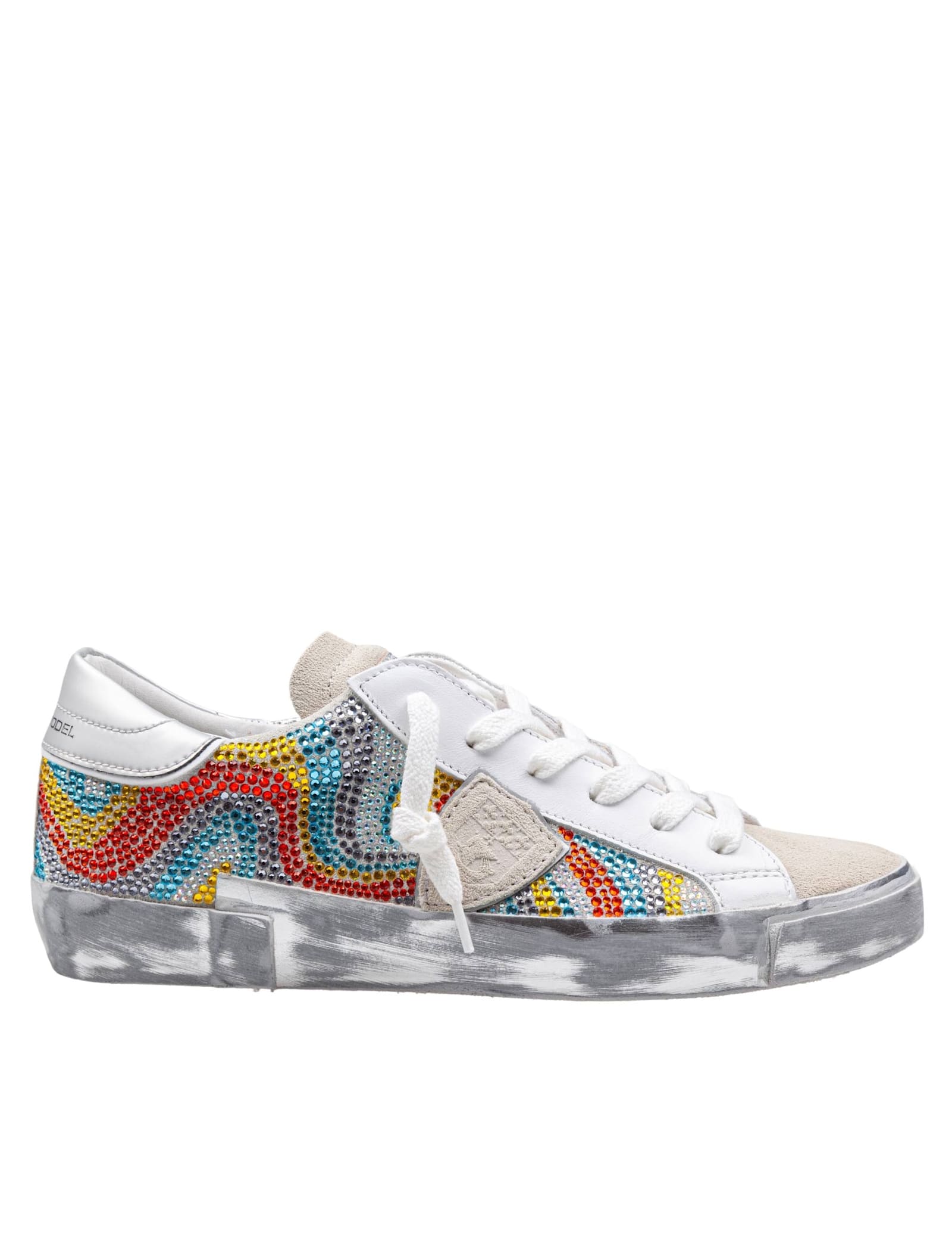 Philippe Model Prsx Low Sneakers In Leather And Suede With Micro Crystals