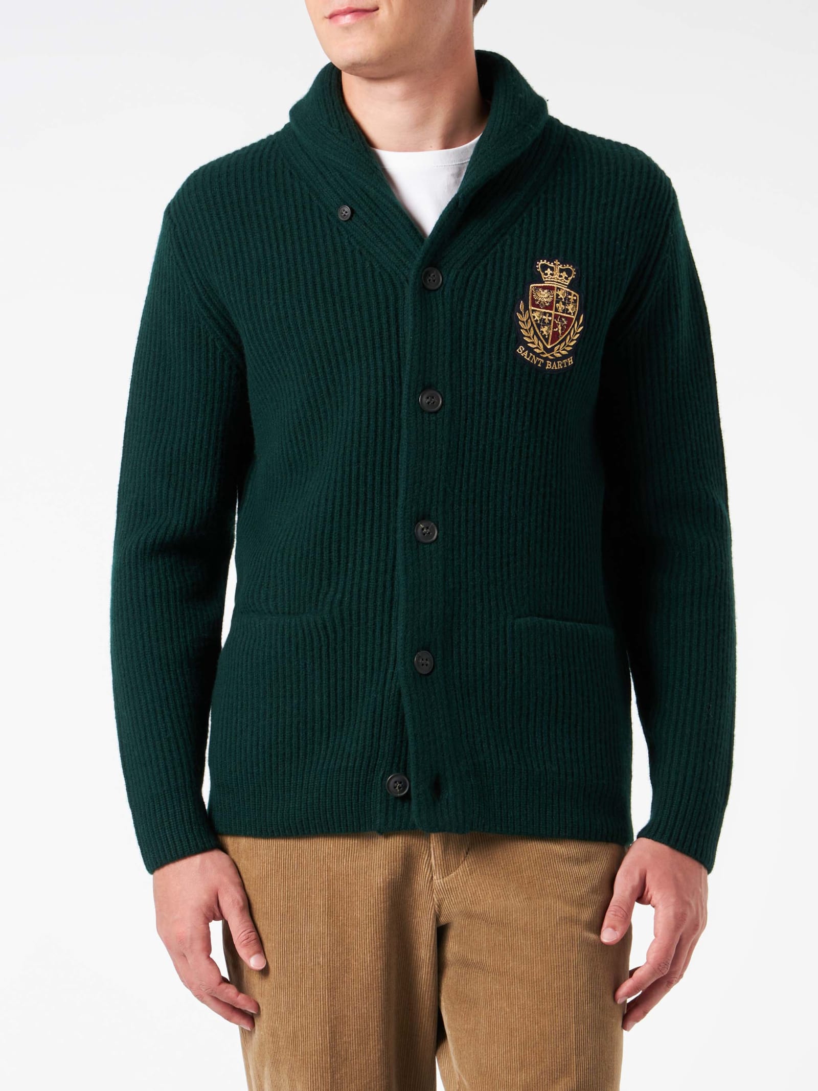 MC2 Saint Barth Man Shawl Collar Green Ribbed Cardigan With Pockets And Patch
