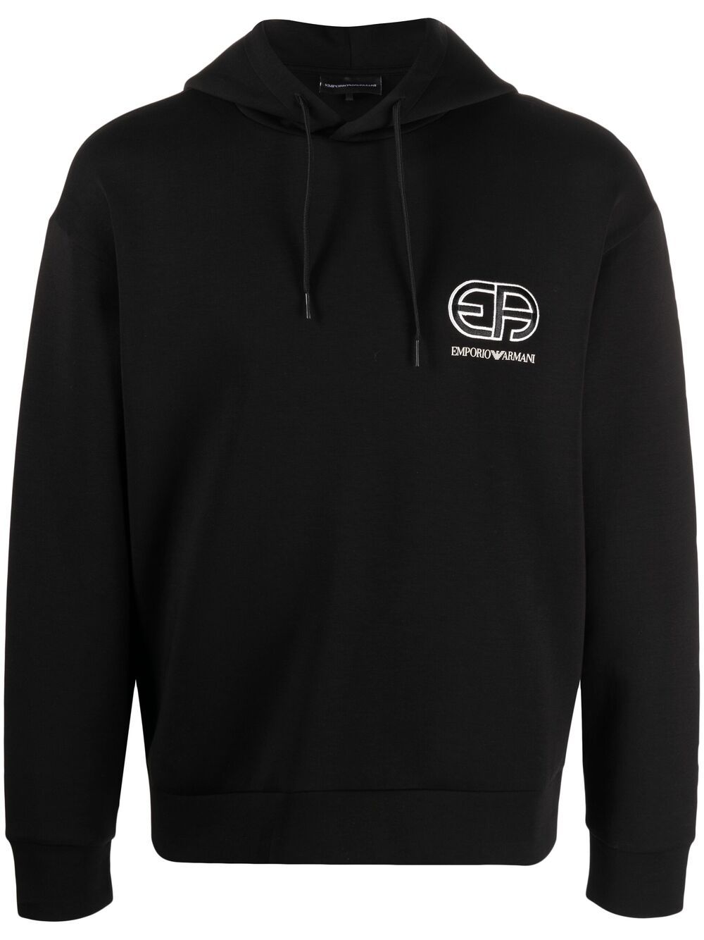 Emporio Armani logo刺绣罗纹边饰连帽衫 - 黑色