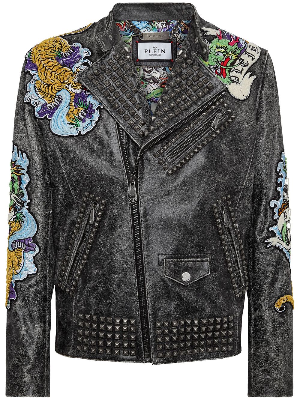 Philipp Plein 刺青印花机车夹克 - 黑色
