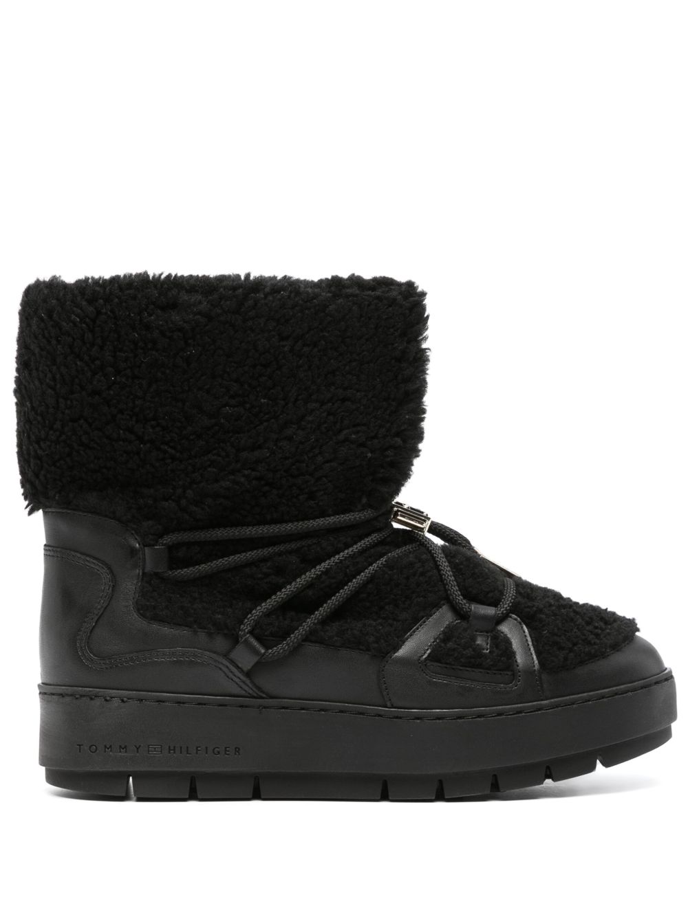 Tommy Hilfiger 皮毛一体边饰皮质雪靴 - 黑色