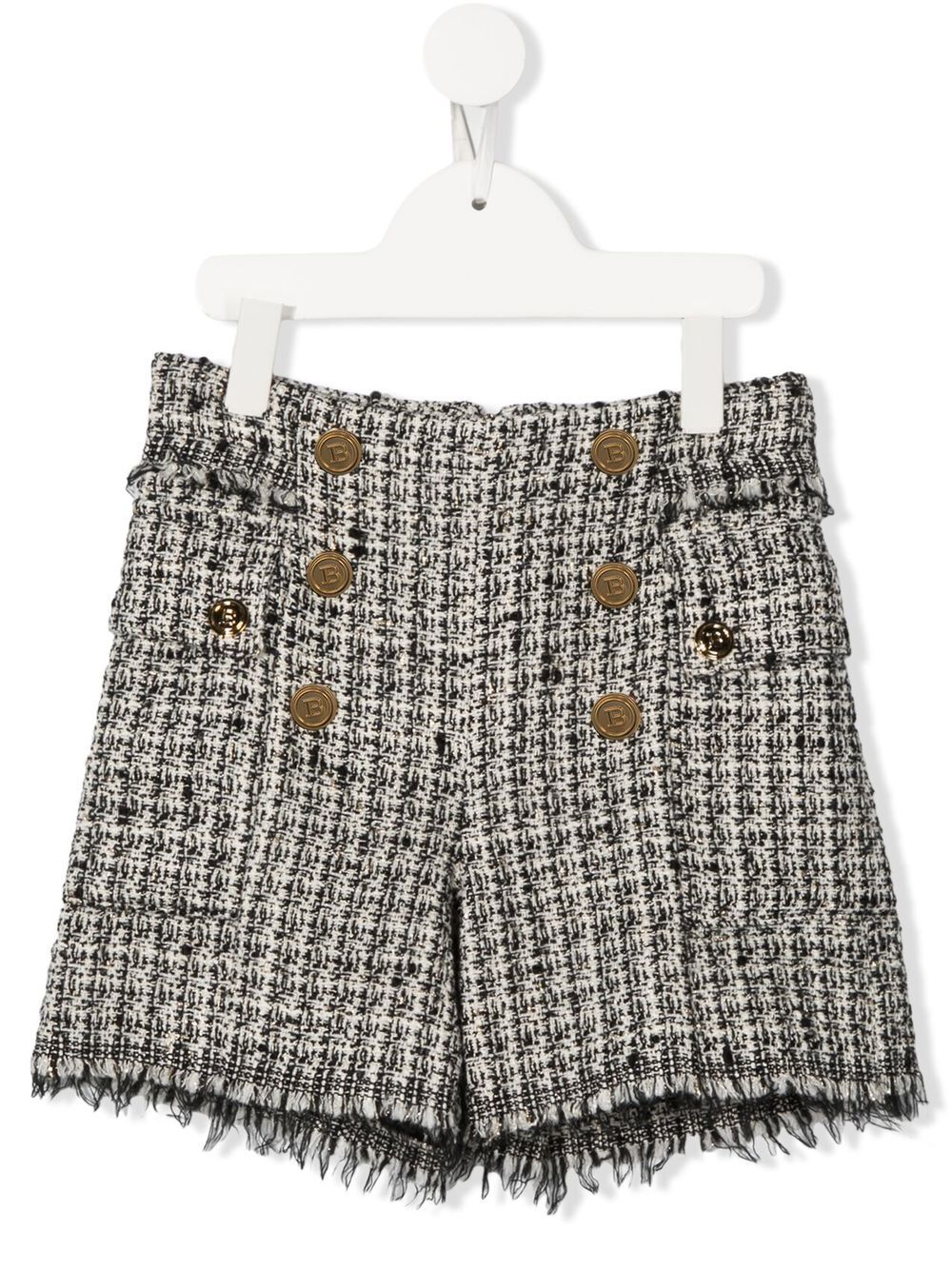 Balmain Kids 巴尔曼 纽扣缀饰粗花呢短裤 - 黑色