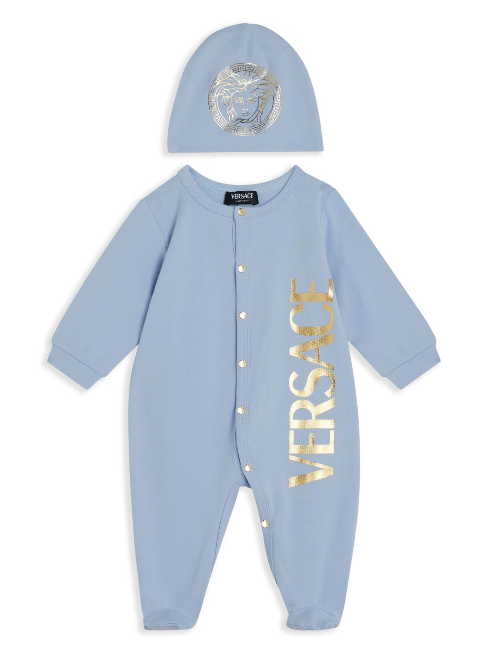 Versace Kids logo印花平纹针织连体衣套装 - 蓝色