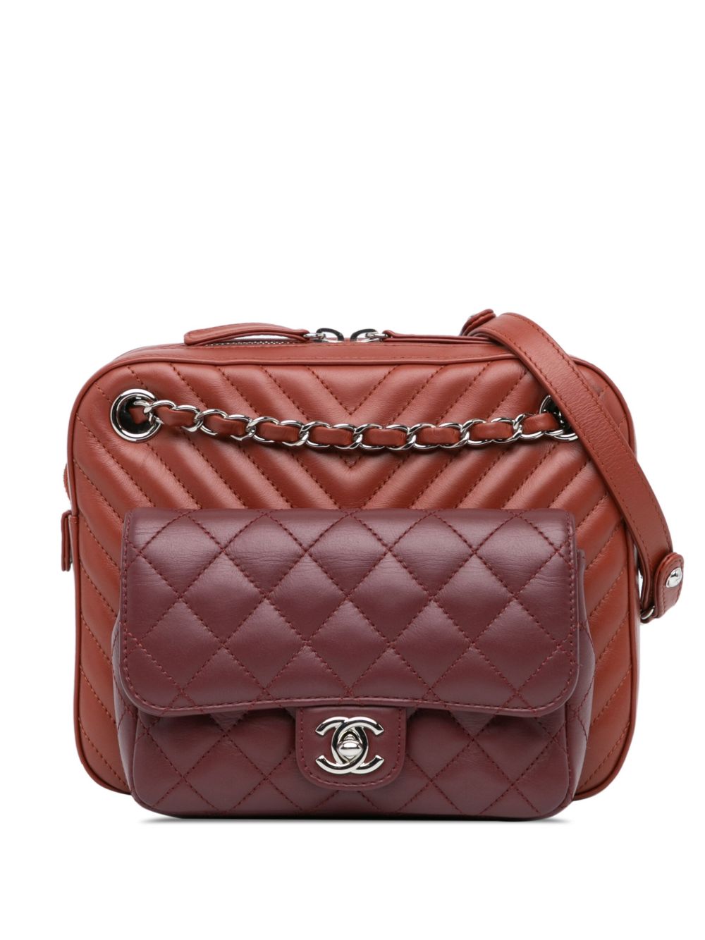 CHANEL Pre-Owned Paris Hamburg Double Camera 小号绗缝小牛皮斜挎包（2018-2019年典藏款） - 红色