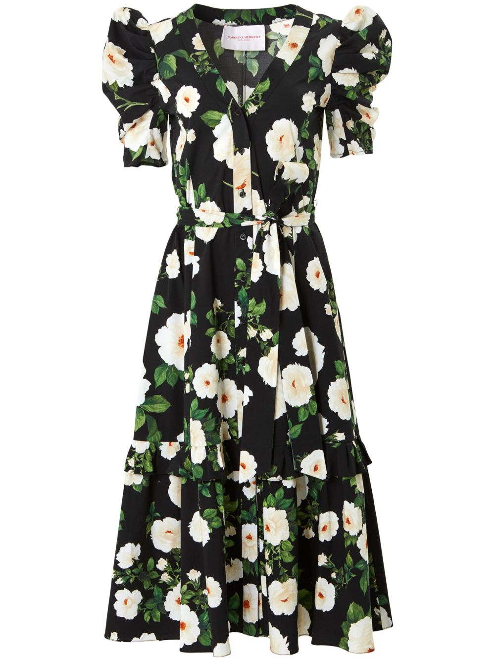 Carolina Herrera 玫瑰印花棉中长连衣裙 - 黑色