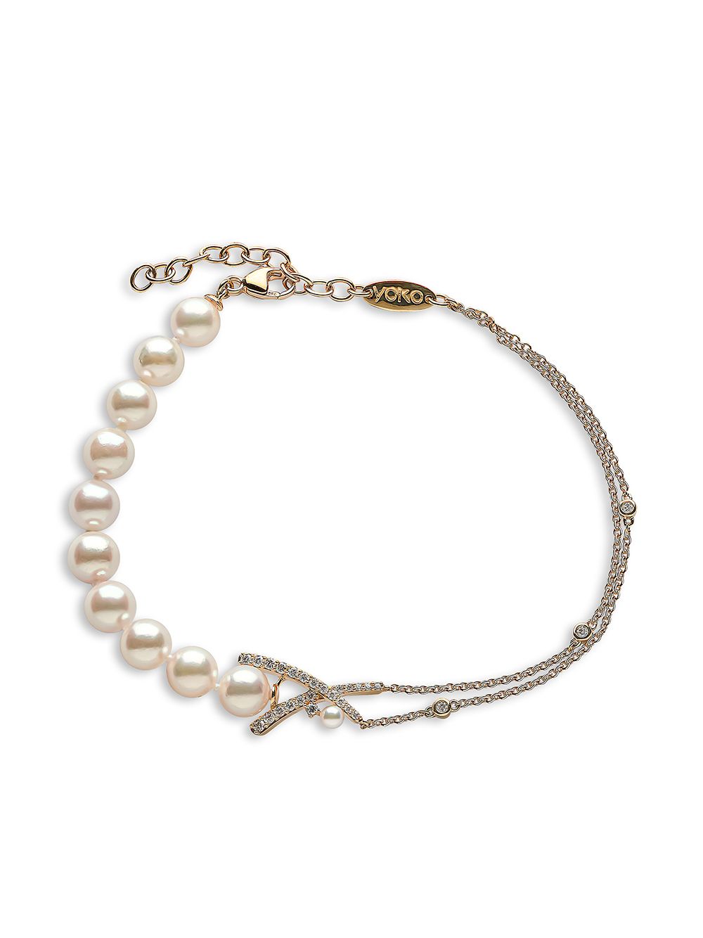 Yoko London Sleek 18K黄金阿古屋珍珠钻石手链 - 金色
