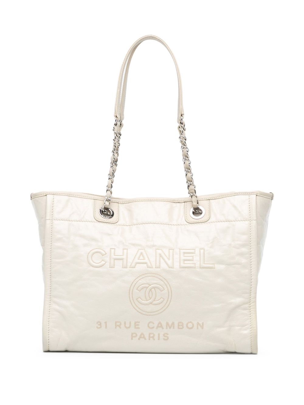 CHANEL Pre-Owned Deauville 亮面小牛皮小号托特包（2016-2017年典藏款） - 白色