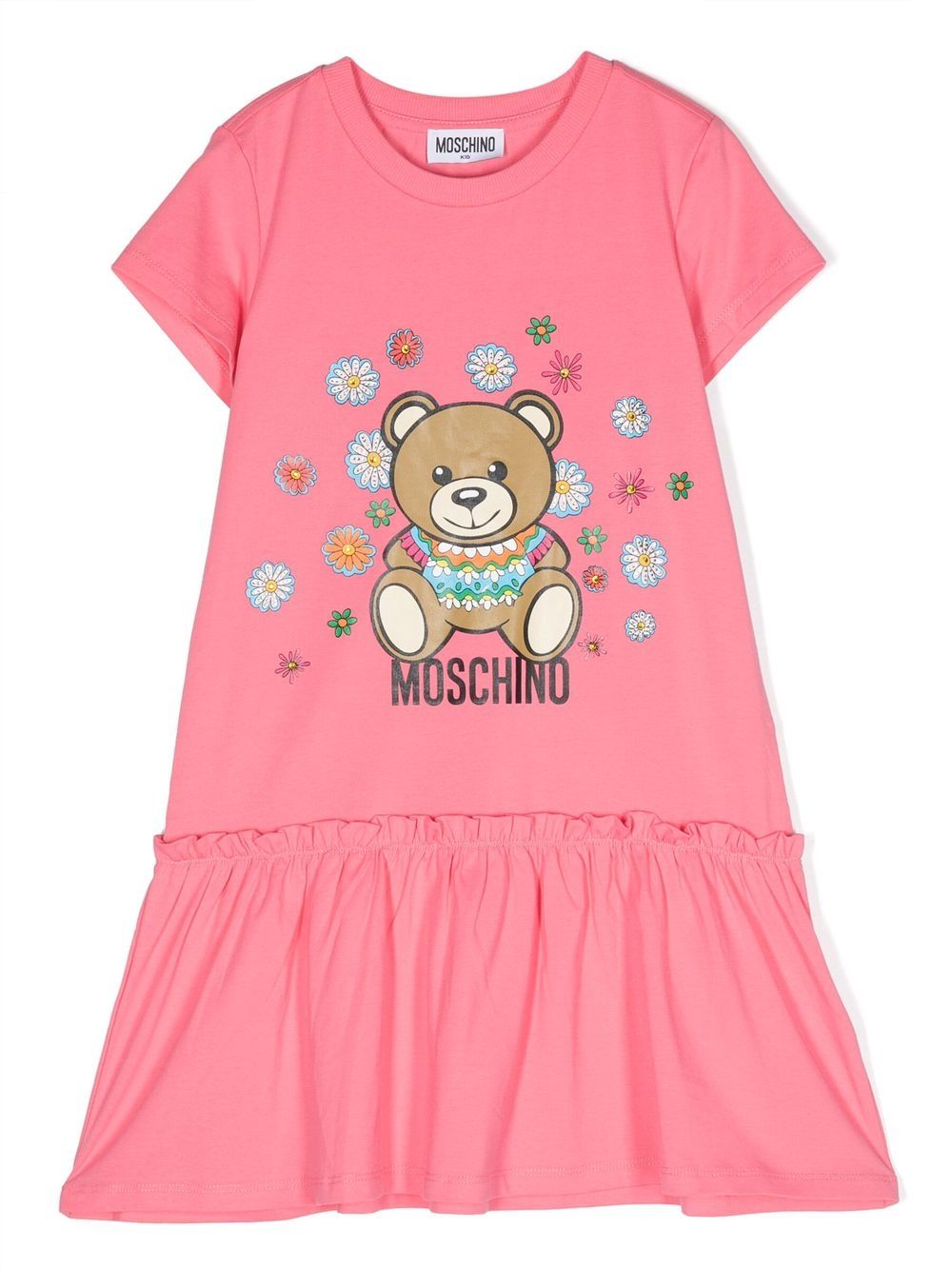Moschino Kids Teddy Bear 印花弹性缩褶连衣裙 - 粉色