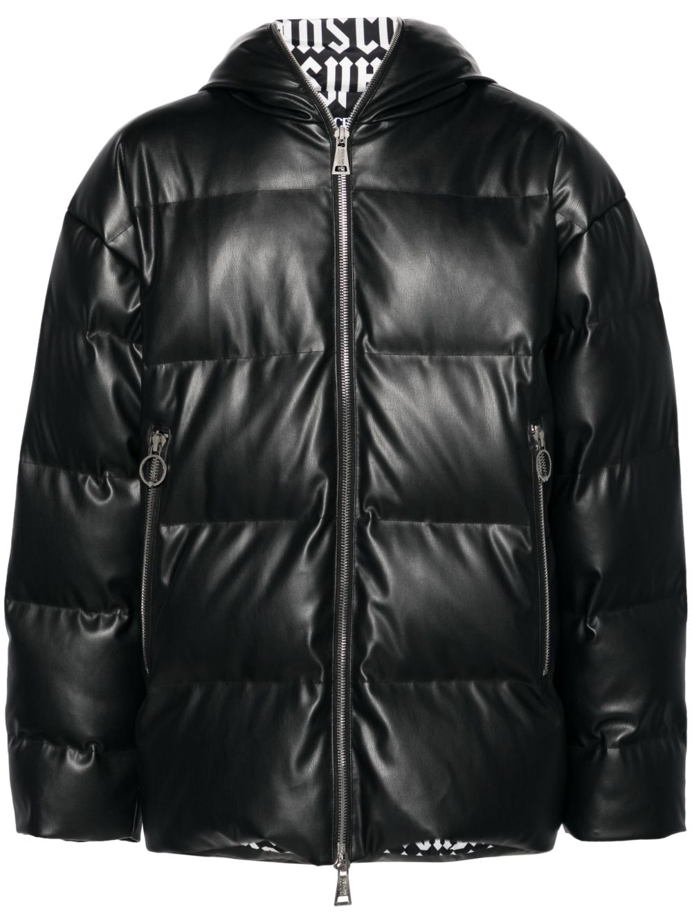 Versace Jeans Couture 人造皮革连帽羽绒外套 - 黑色
