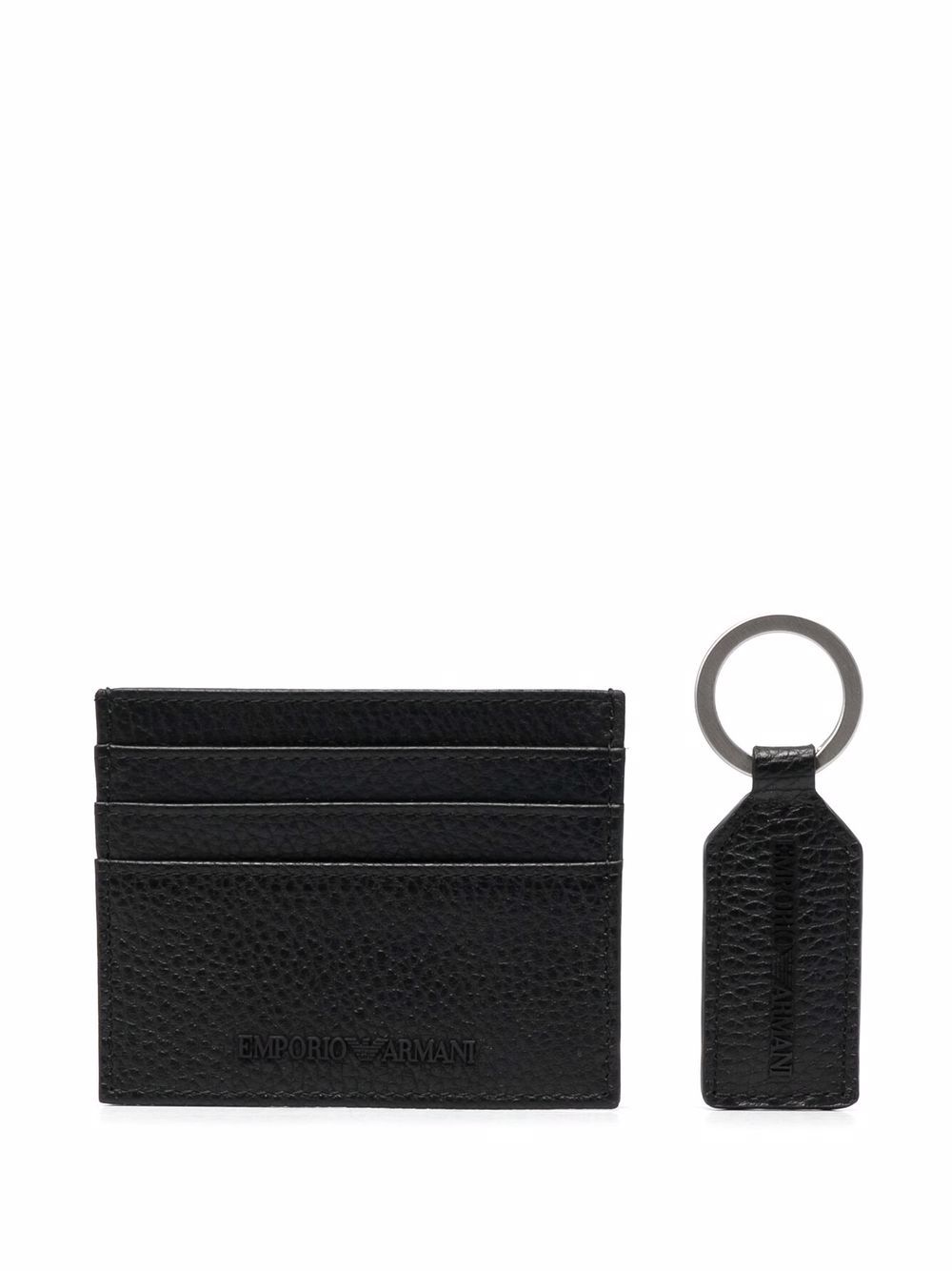 Emporio Armani logo压纹皮质卡夹和钥匙扣 - 黑色