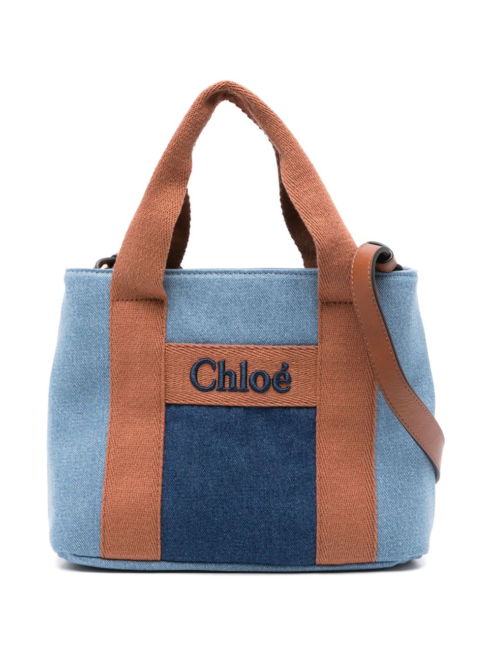 Chloé Kids logo刺绣牛仔托特包 - 蓝色