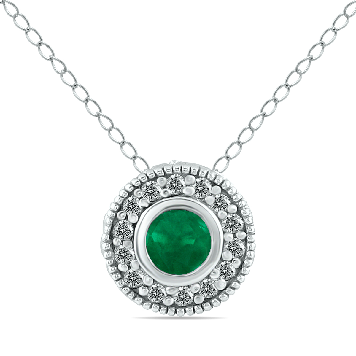 Emerald and Bezel Diamond Pendant in 10K White Gold