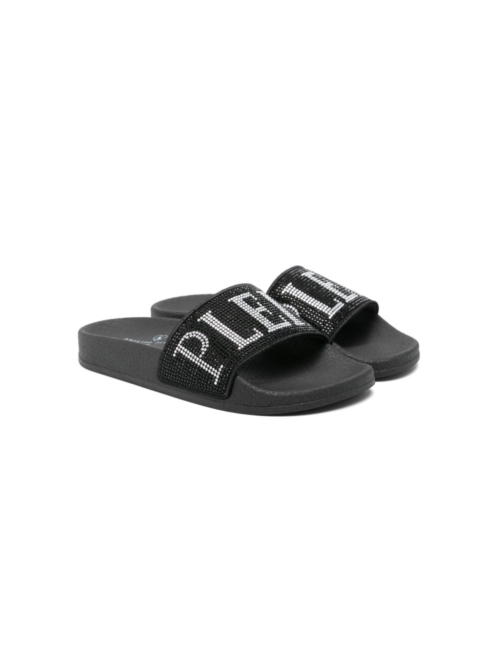 Philipp Plein Junior logo晶饰拖鞋 - 黑色
