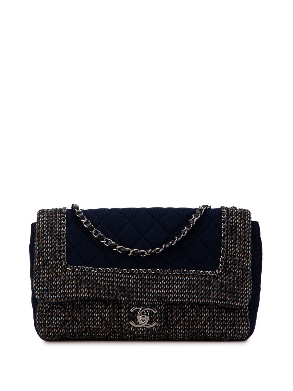 CHANEL Pre-Owned Jumbo Flap 绗缝平纹针织粗花呢搭链单肩包（2014-2015年典藏款） - 蓝色