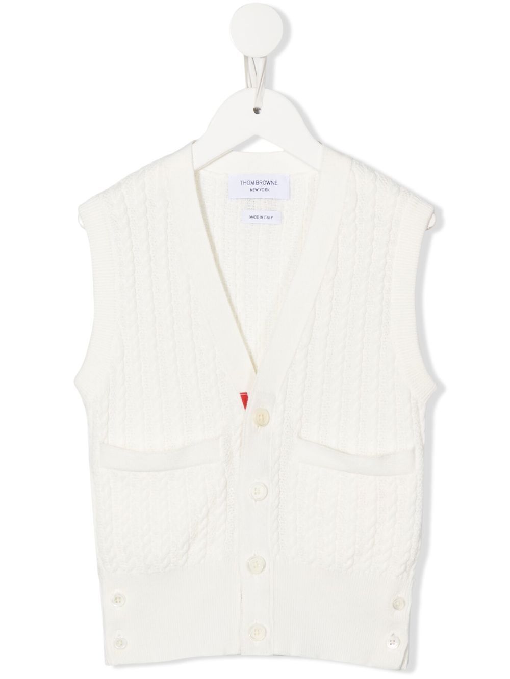 Thom Browne Kids 粗绞花针织无袖开衫 - 白色