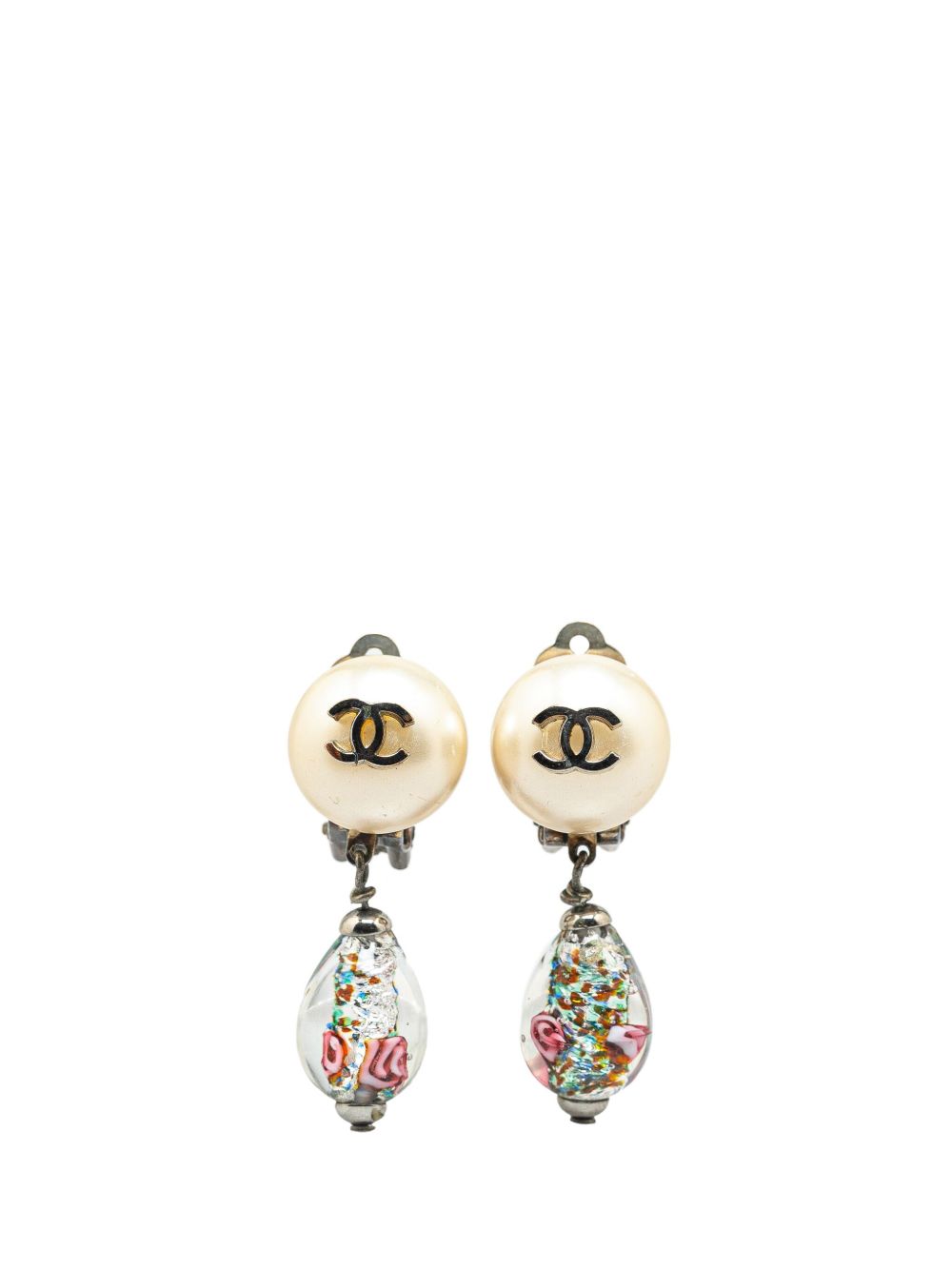 CHANEL Pre-Owned Faux Pearl CC Drop 夹扣式装饰耳环（1980-1990年典藏款） - 银色