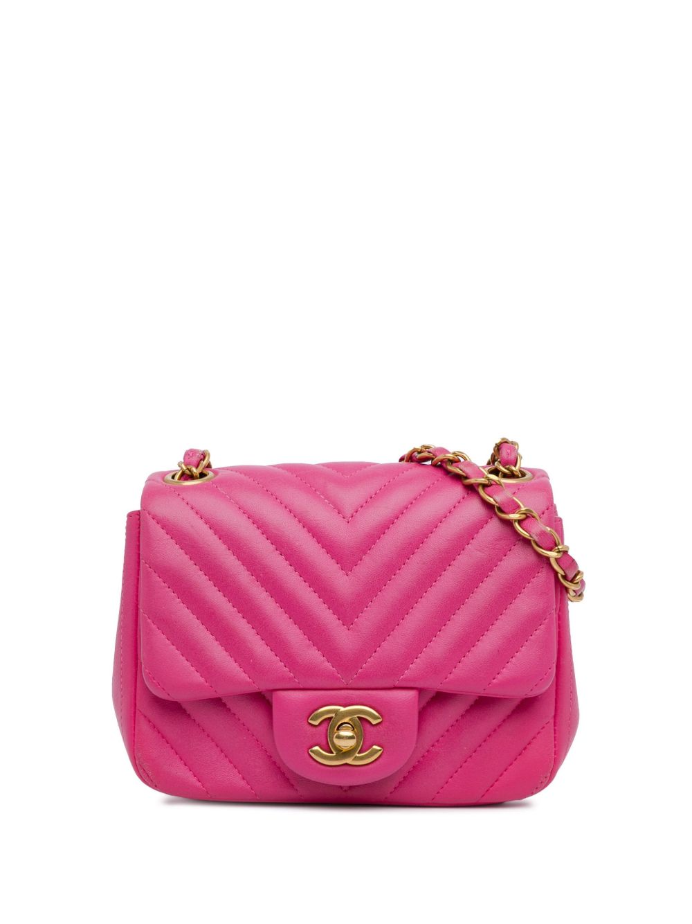 CHANEL Pre-Owned Classic Flap 迷你方形小羊皮人字纹图案斜挎包（2015-2016年典藏款） - 粉色