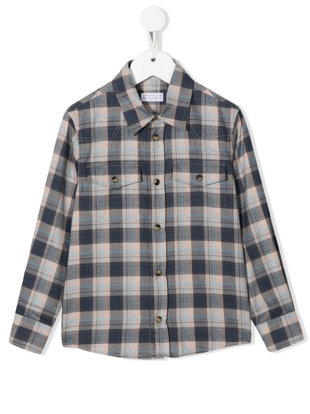 Brunello Cucinelli Kids 格纹长袖衬衫 - 蓝色