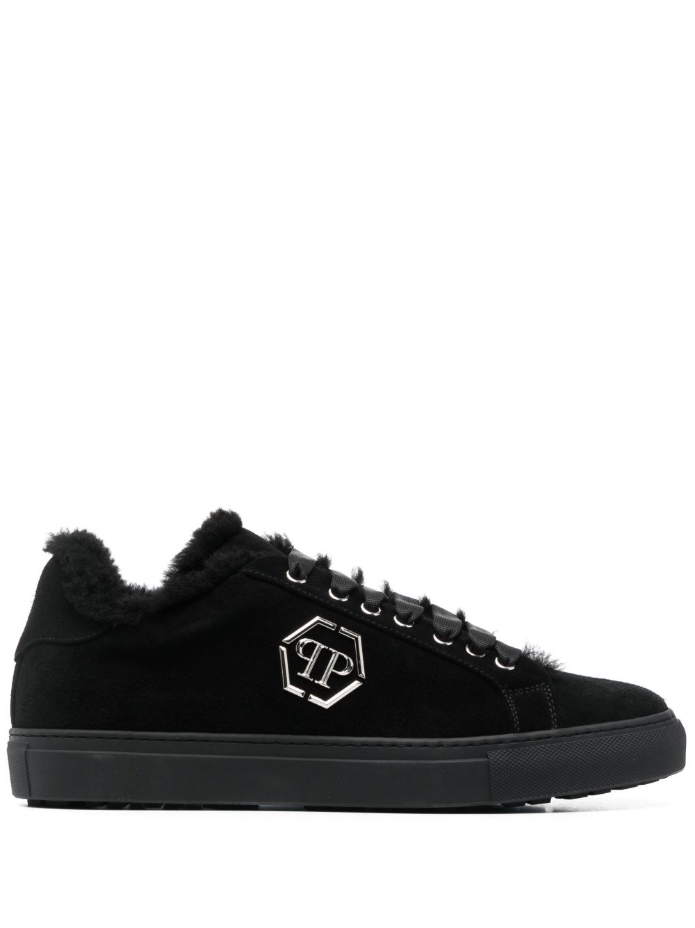 Philipp Plein logo标牌皮质运动鞋 - 黑色