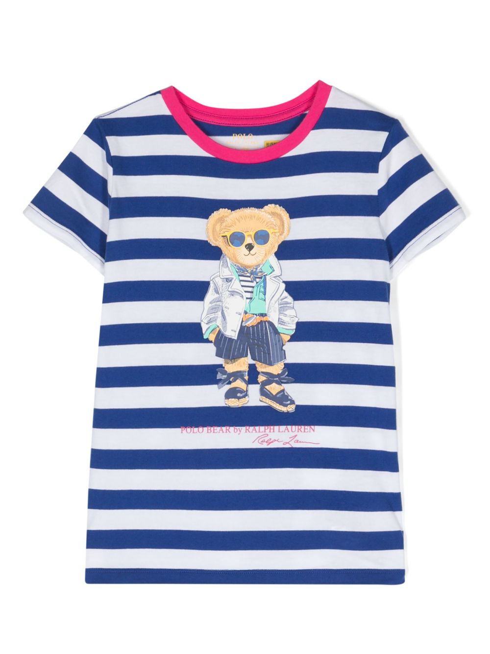 POLO RALPH LAUREN KIDS 泰迪熊印花条纹T恤 - 蓝色
