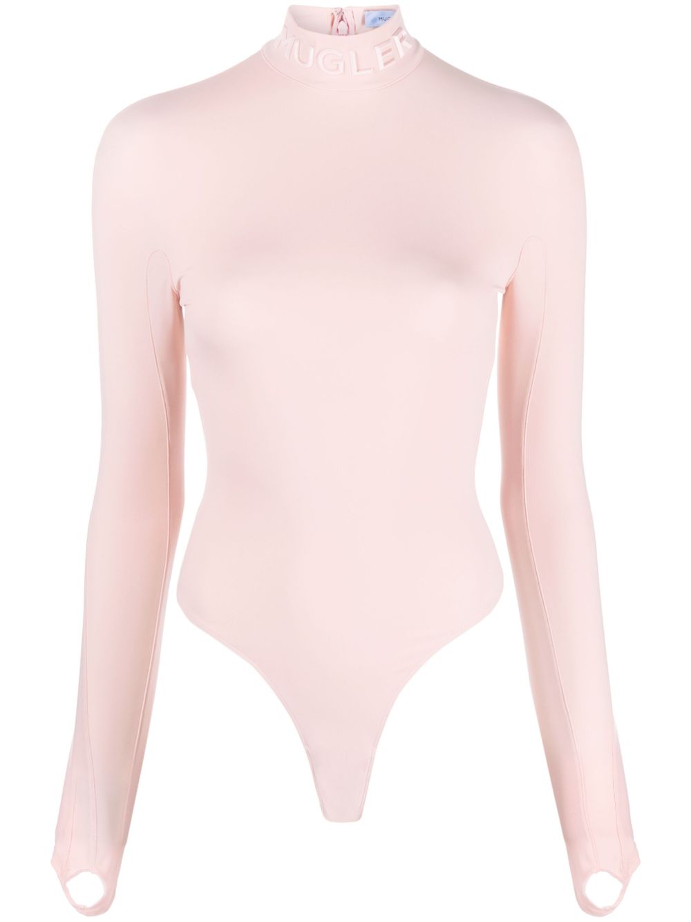 Mugler logo字母高领连体紧身衣 - 粉色