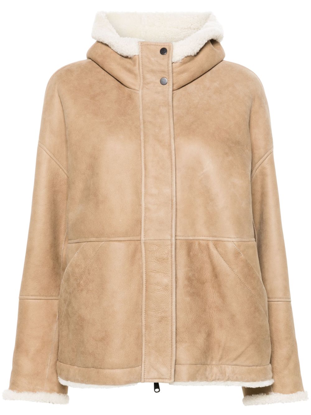 Brunello Cucinelli 人造皮毛一体边饰绒面皮夹克 - 中性色